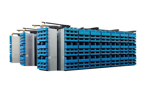 Flexcon carousel storage system, corrugated plastic hopper bins for parts, ASRS warehouse storage, lightweight, robust