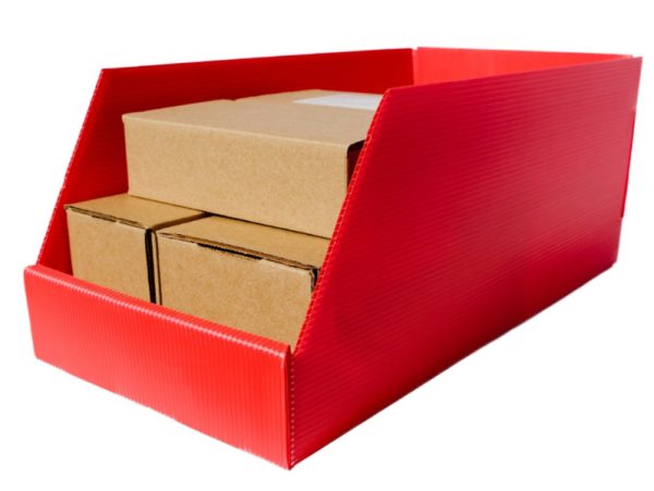 Red corrugated plastic hopper front bin, lightweight durable stackable parts container, warehouse picking box