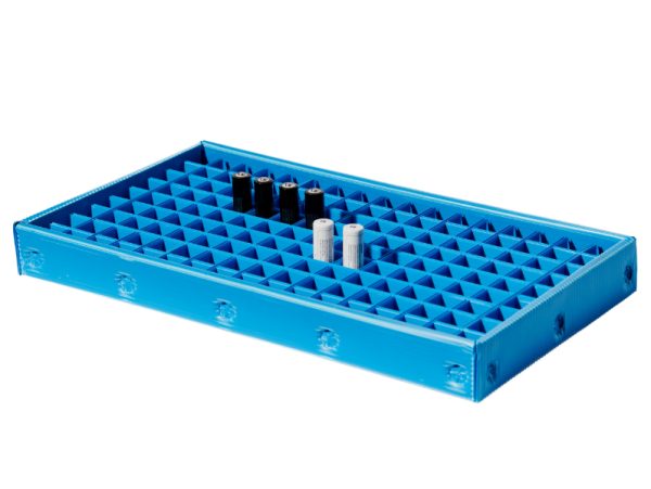 Corrugated plastic vial tray, adjustable dividers for ampoule storage, reusable lightweight packaging, ASRS compatible