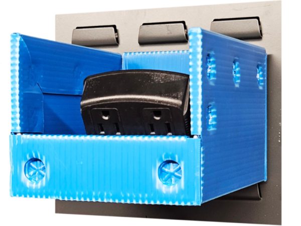 Corrugated plastic Flexcon parts bin, louvered panel mount, open-front, reusable, lightweight, warehouse holder, assembly