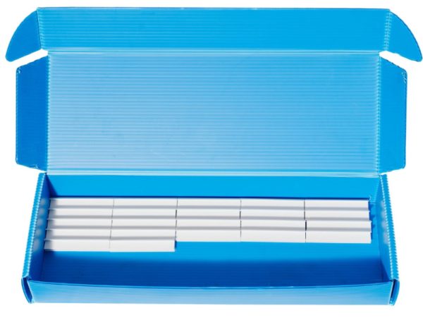 Flexcon, reusable corrugated plastic kitting box, hinged lid, custom dividers for small parts assembly, stackable WIP
