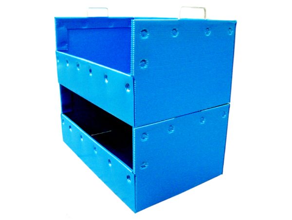Stackable blue corrugated plastic picking bins, open-front parts containers, wire handle, reusable warehouse totes