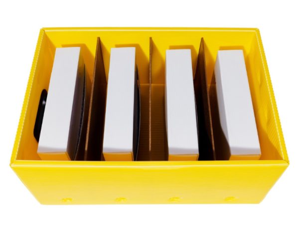 Yellow corrugated plastic container, adjustable hardboard dividers, reusable parts handling bin