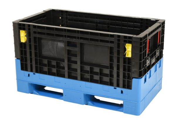 45x24x25 inch Flexcon bulk box, heavy-duty pallet container, reusable industrial shipping tote, stackable forklift compatible